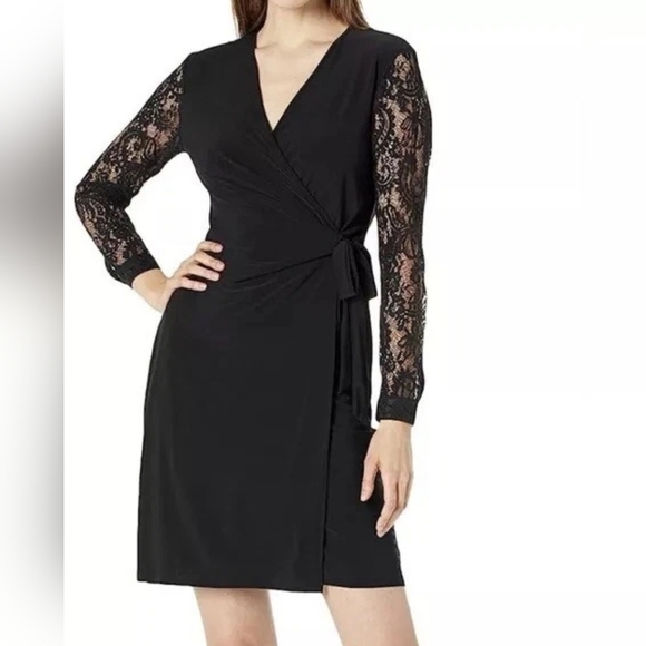 Anne Klein Womens Black Knit Lace Sleeves Midi Cocktail and Party Dress EUC - Picture 2 of 12